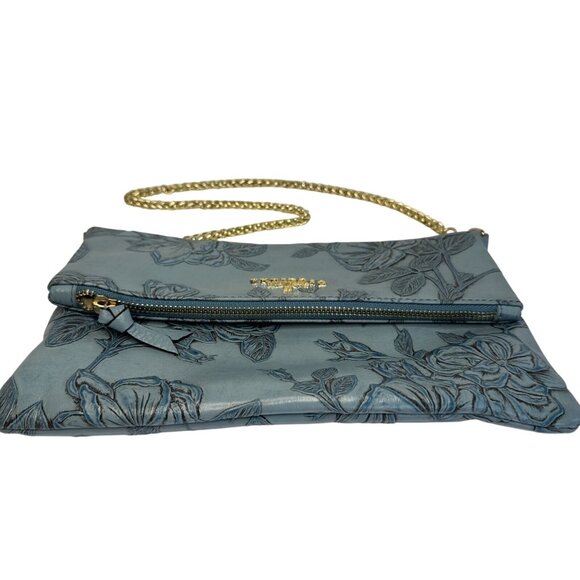 Cuoieria Fiorentina Embossed Blue Floral Leather Crossbody Bag Gold Chain Strap - Picture 2 of 14